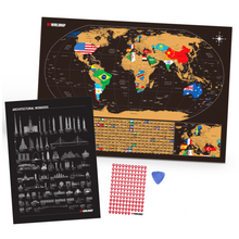 Carregar imagem no visualizador da galeria, Combo Mapa Mundi de Raspar Dourado + Maravilhas do Mundo + Adesivos Pins