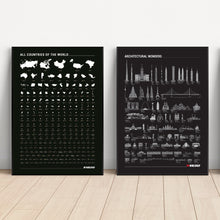 Carregar imagem no visualizador da galeria, Combo - Mapa Mundi com 240 Países por Ordem de Tamanho e Maravilhas da Arquitetura - Preto - A2