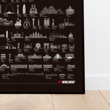 Carregar imagem no visualizador da galeria, Combo - Mapa Mundi com 240 Países por Ordem de Tamanho e Maravilhas da Arquitetura - Preto - A2