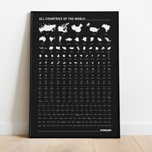 Carregar imagem no visualizador da galeria, Pôster Mapa Mundi com 240 Países por Ordem de Tamanho - Estilo Minimalista - Preto - A2