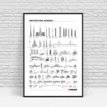 Carregar imagem no visualizador da galeria, Pôster Maravilhas da Arquitetura por Ordem de Tamanho - Branco - Estilo Minimalista - A2