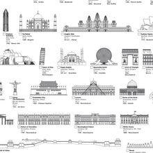 Carregar imagem no visualizador da galeria, Pôster Maravilhas da Arquitetura por Ordem de Tamanho - Branco - Estilo Minimalista - A2