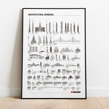 Carregar imagem no visualizador da galeria, Pôster Maravilhas da Arquitetura por Ordem de Tamanho - Branco - Estilo Minimalista - A2