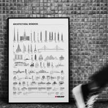 Carregar imagem no visualizador da galeria, Pôster Maravilhas da Arquitetura por Ordem de Tamanho - Branco - Estilo Minimalista - A2