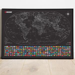 Mapa Mundi Viagens Gigante Decorativo - All Black - Inclui Adesivo Pins - 3.000 Cidades - A1