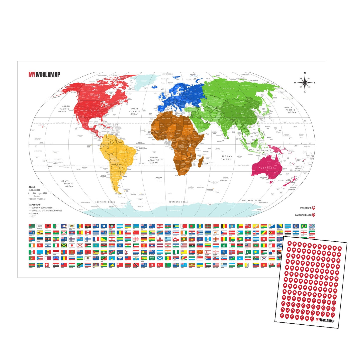 Mapa Mundi Viagens Gigante Decorativo - Colorido - Inclui Adesivo Pins - 3.000 Cidades - A1