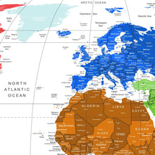 Carregar imagem no visualizador da galeria, Mapa Mundi Viagens Gigante Decorativo - Colorido - Inclui Adesivo Pins - 3.000 Cidades - A1
