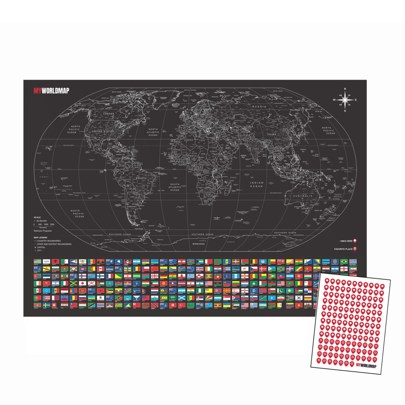 Mapa Mundi Viagens Gigante Decorativo - All Black - Inclui Adesivo Pins - 3.000 Cidades - A1