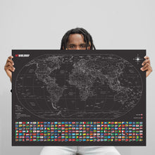 Carregar imagem no visualizador da galeria, Mapa Mundi Viagens Gigante Decorativo - All Black - Inclui Adesivo Pins - 3.000 Cidades - A1
