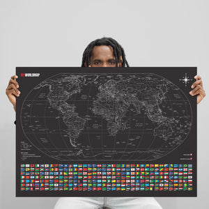 Mapa Mundi Viagens Gigante Decorativo - All Black - Inclui Adesivo Pins - 3.000 Cidades - A1