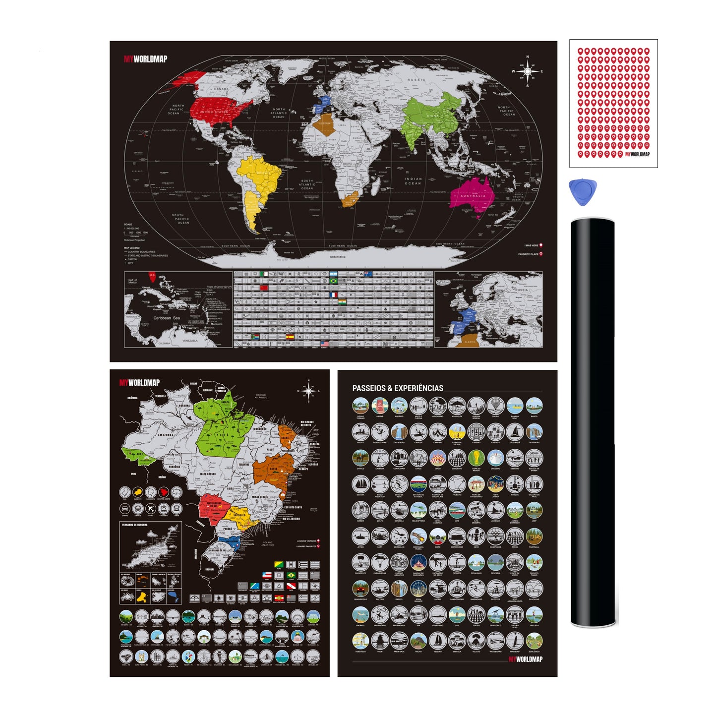 Megacombo Mapa Raspadinha - Mapa Mundi Raspar + Mapa Brasil + Passeios e Experiências + Adesivos Pins