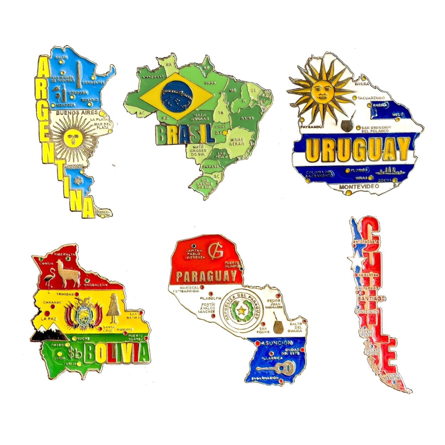 Combo Promocional - 06 (seis) Imãs de Metal de Mapas de Países da América do Sul