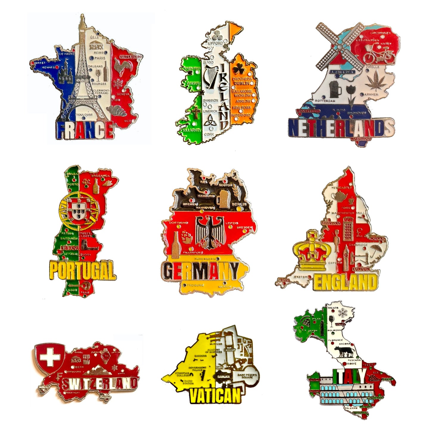 Combo Promocional - 09 (nove) Imãs de Metal de Mapas de Países da Europa