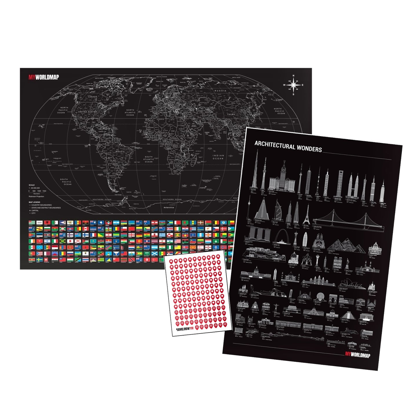 Combo Mapa Mundi Viagens All Black 3.000 Cidades e Maravilhas da Arquitetura - Inclui Adesivo Pins