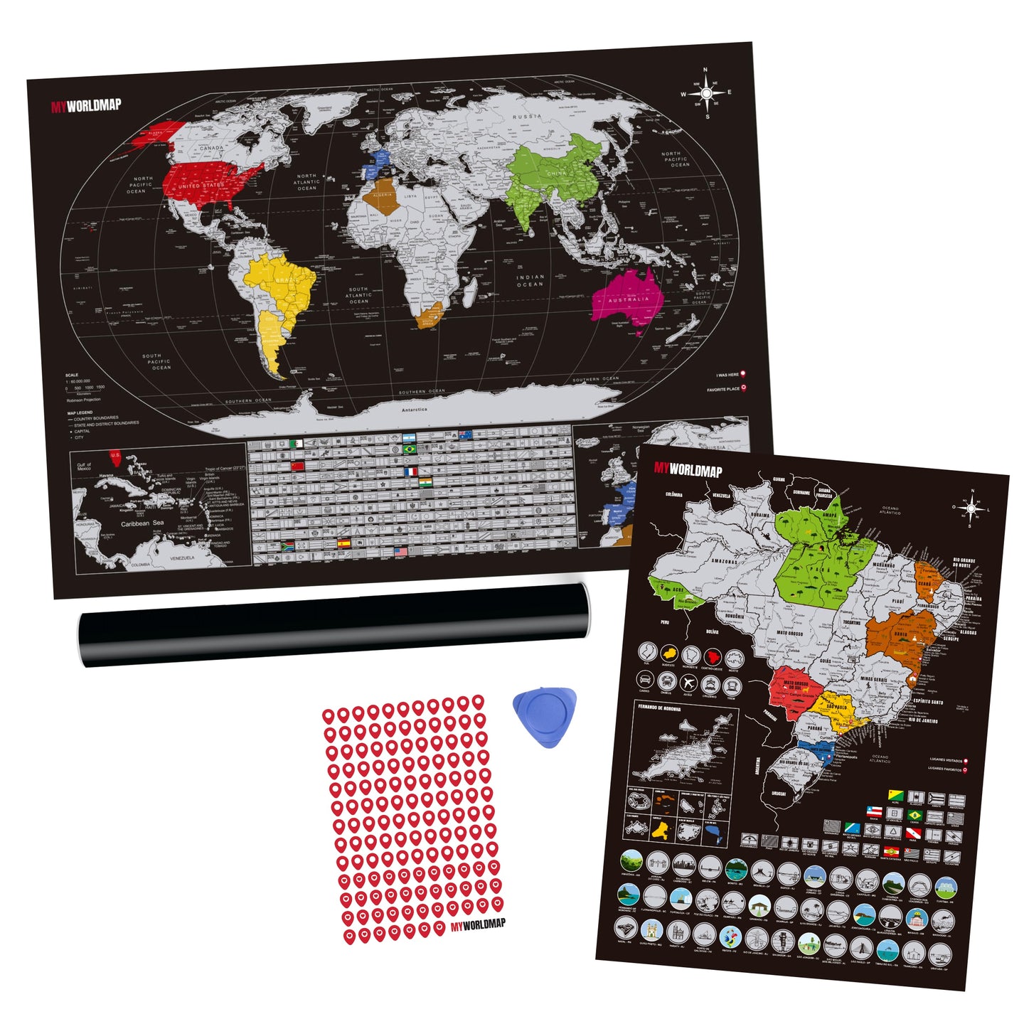 Combo Mapa Raspadinha - Mapa Mundi Raspar + Mapa Brasil + Adesivo Pins - Prata