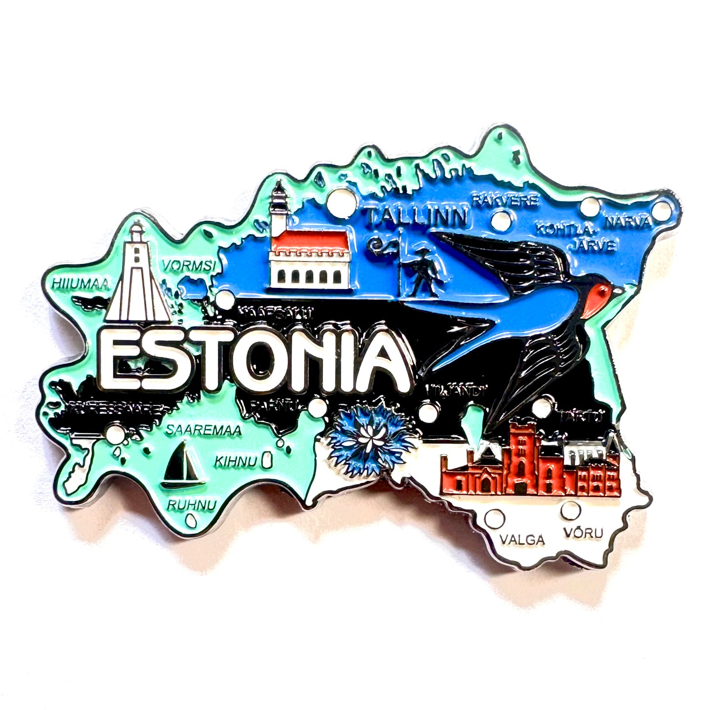 Imã Estônia - Imã Geladeira Estônia em Metal com Mapa, Bandeira, Cidades e Símbolos