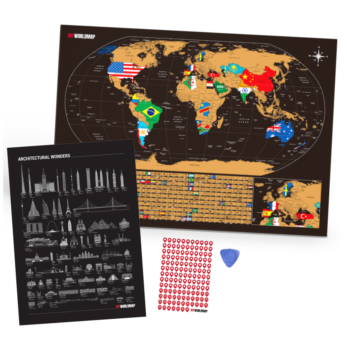 Combo Mapa Mundi de Raspar Dourado + Maravilhas do Mundo + Adesivos Pins