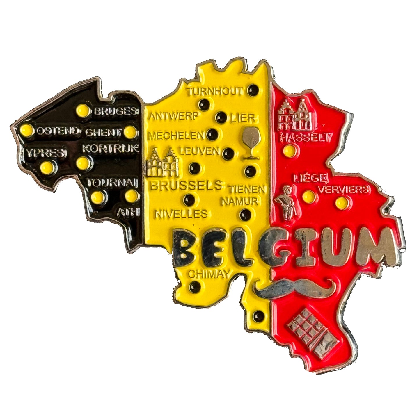 Imã Bélgica - Imã Geladeira Bélgica em Metal com Mapa, Bandeira, Cidades e Símbolos