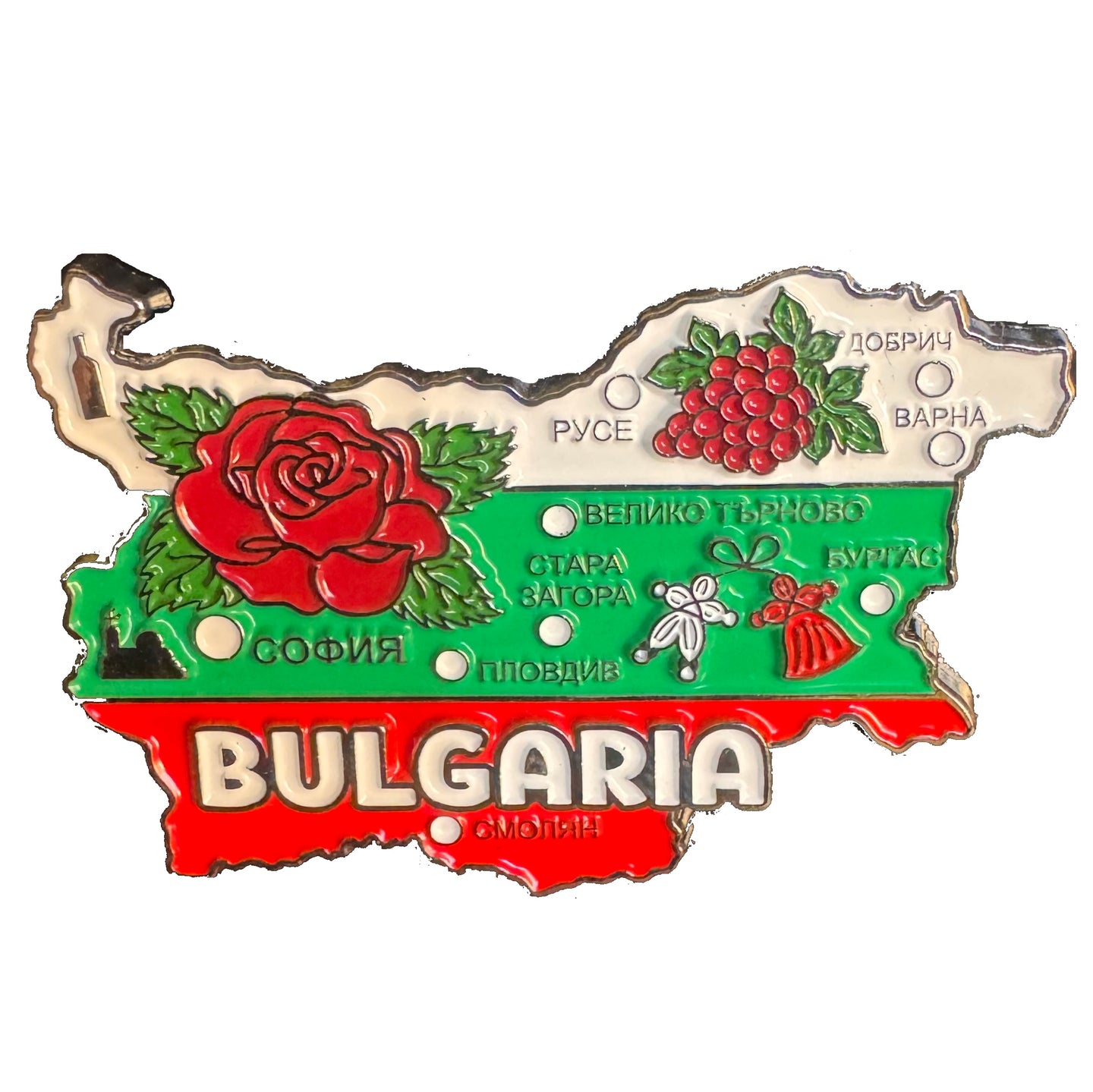 Imã Bulgária - Imã Geladeira Bulgária em Metal com Mapa, Bandeira, Cidades e Símbolos