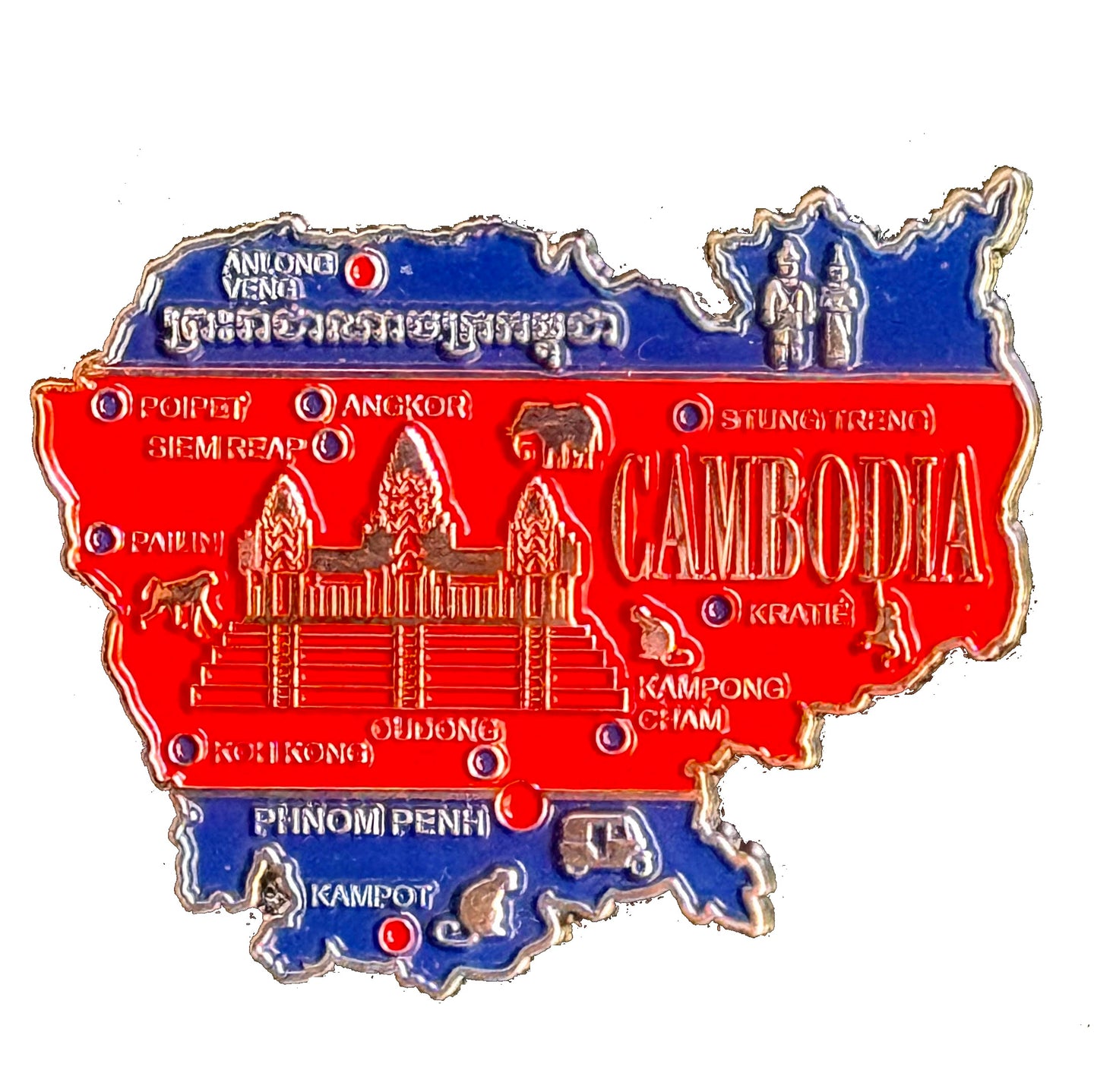 Imã Camboja - Imã Geladeira Camboja em Metal com Mapa, Bandeira, Cidades e Símbolos