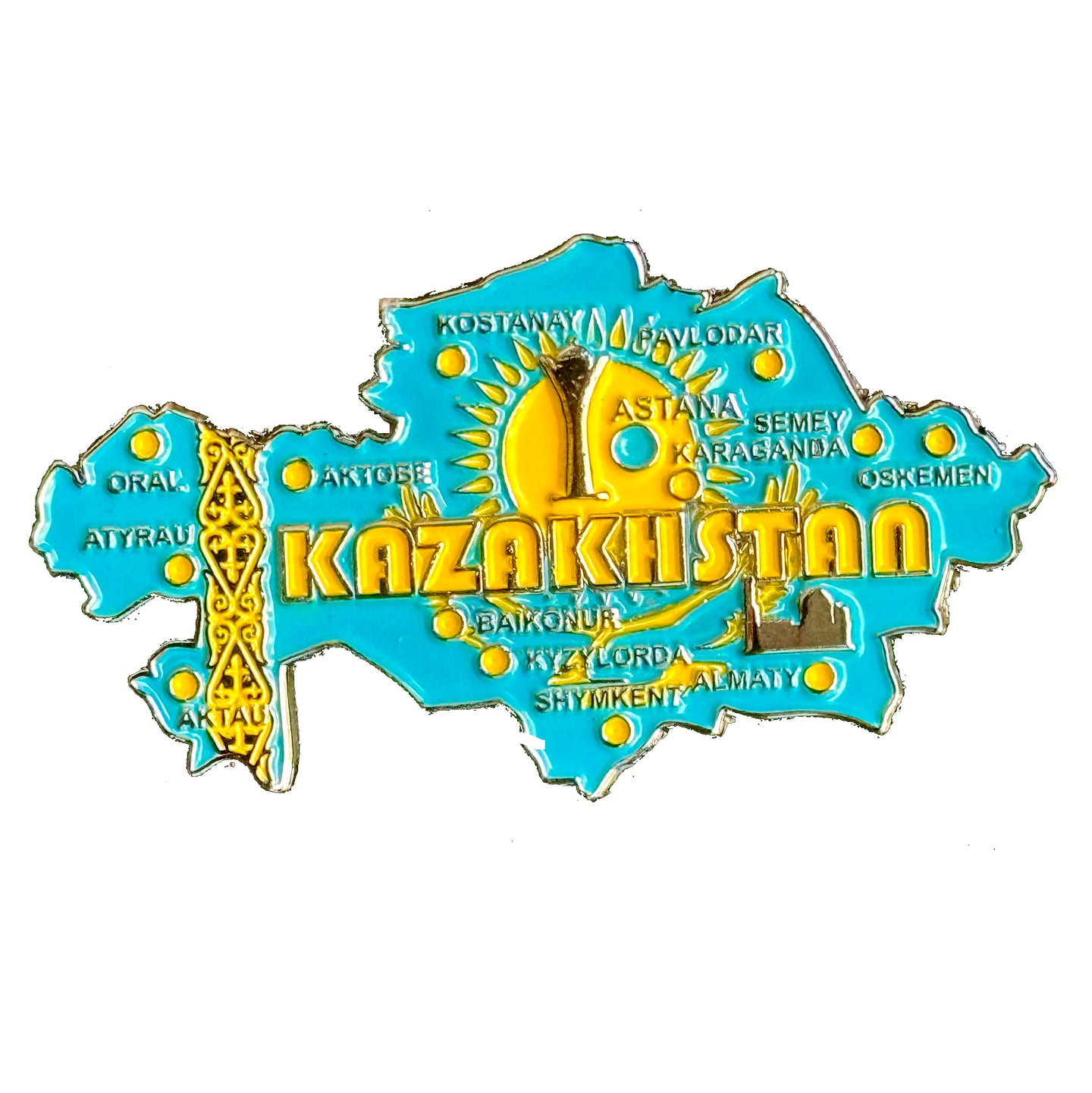 Imã Cazaquistão - Imã Geladeira Cazaquistão em Metal com Mapa, Bandeira, Cidades e Símbolos