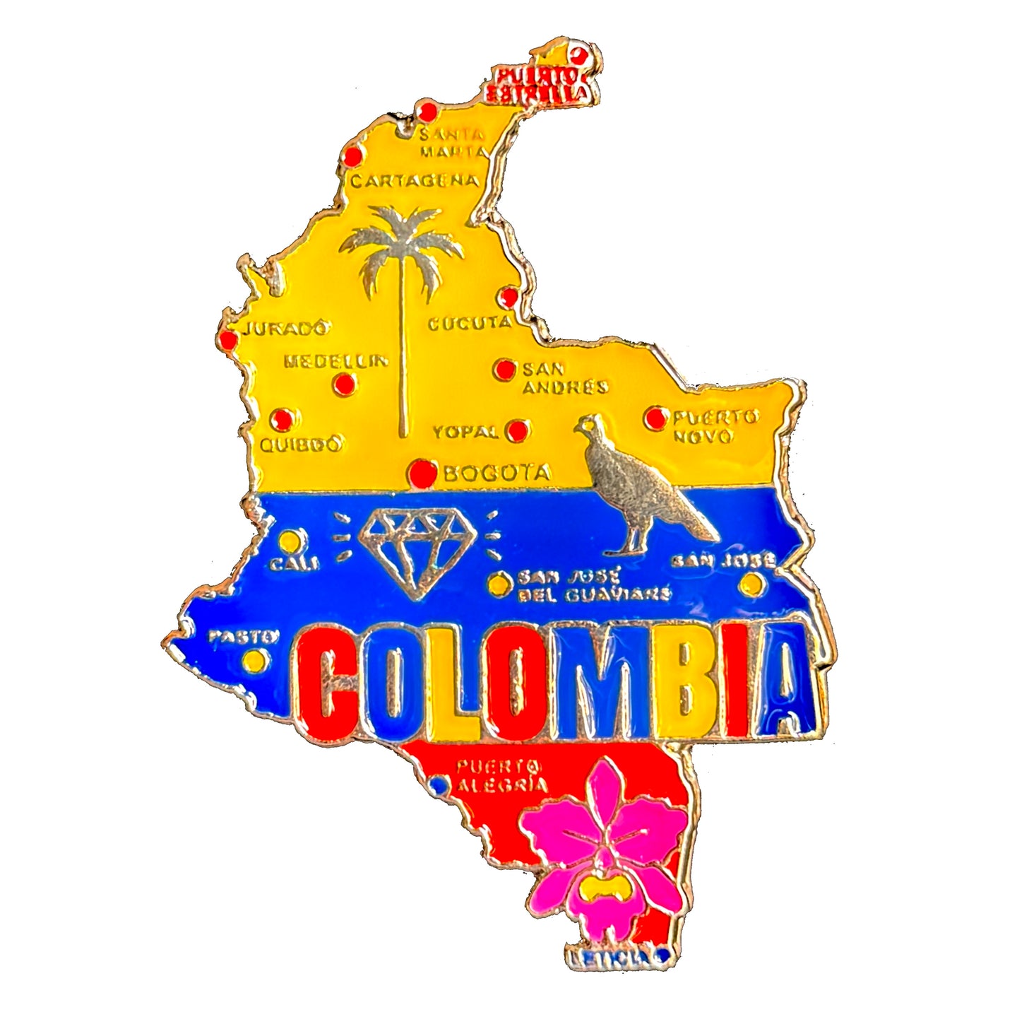 Imã Colômbia - Imã Geladeira Colômbia em Metal com Mapa, Bandeira, Cidades e Símbolos