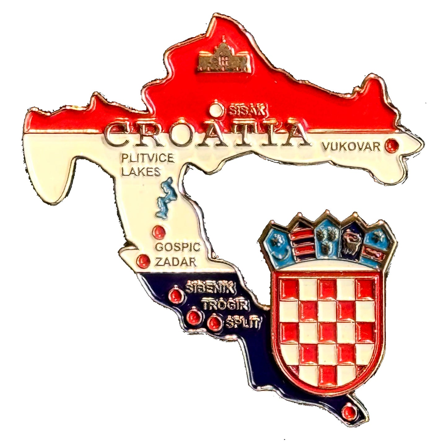 Imã Croácia - Imã Geladeira Croácia em Metal com Mapa, Bandeira, Cidades e Símbolos