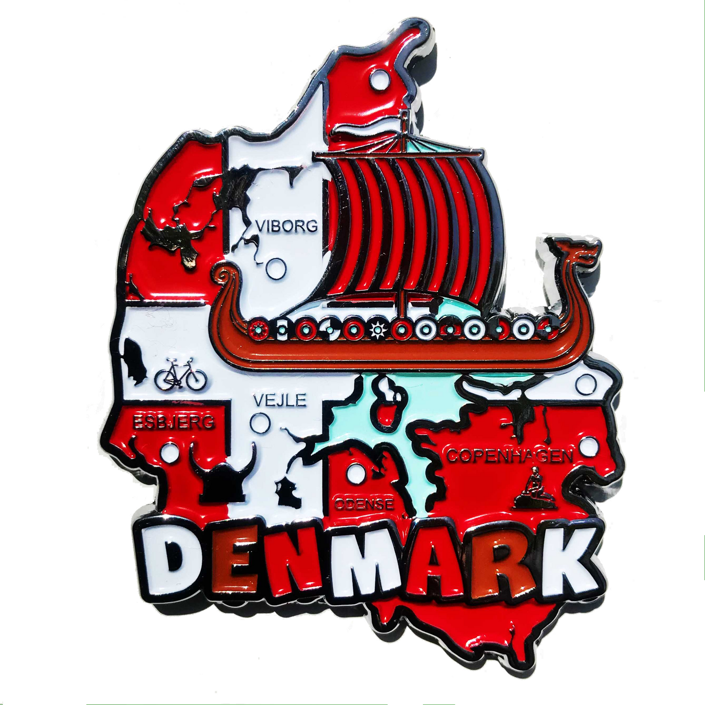 Imã Dinamarca - Imã Geladeira Dinamarca em Metal com Mapa, Bandeira, Cidades e Símbolos