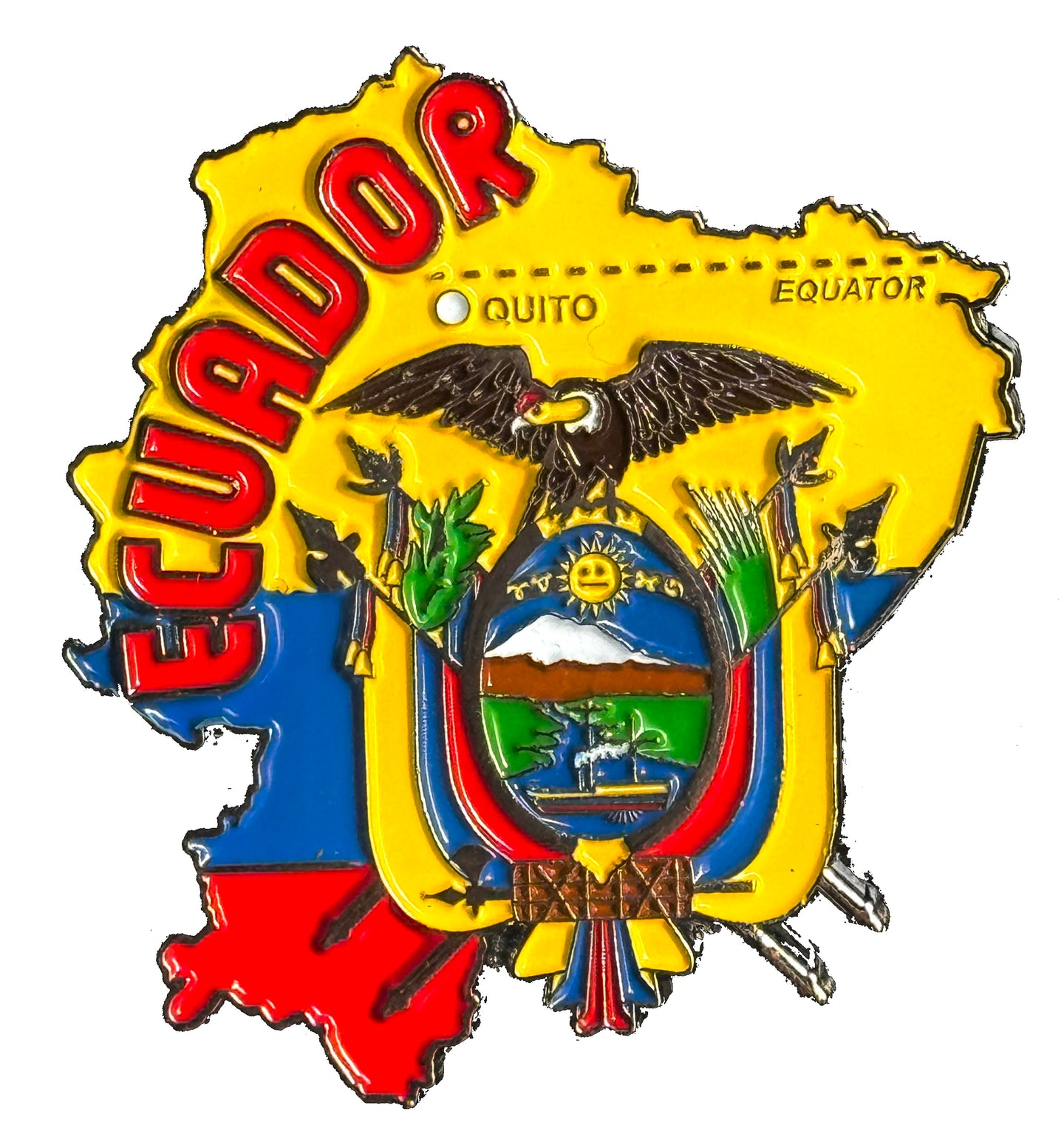 Imã Equador - Imã Geladeira Equador em Metal com Mapa, Bandeira, Capital e Símbolos