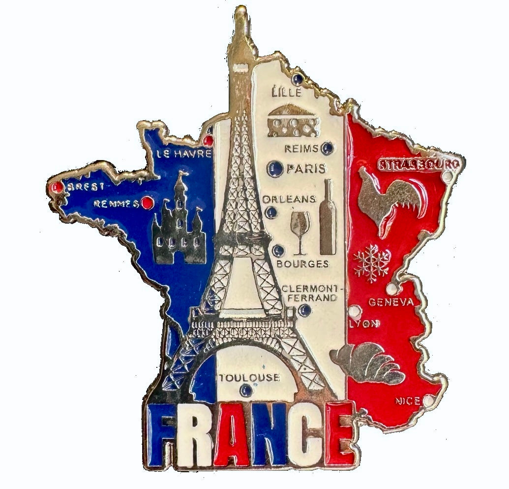 Imã França - Imã Geladeira França em Metal com Mapa, Bandeira, Cidades e Símbolos
