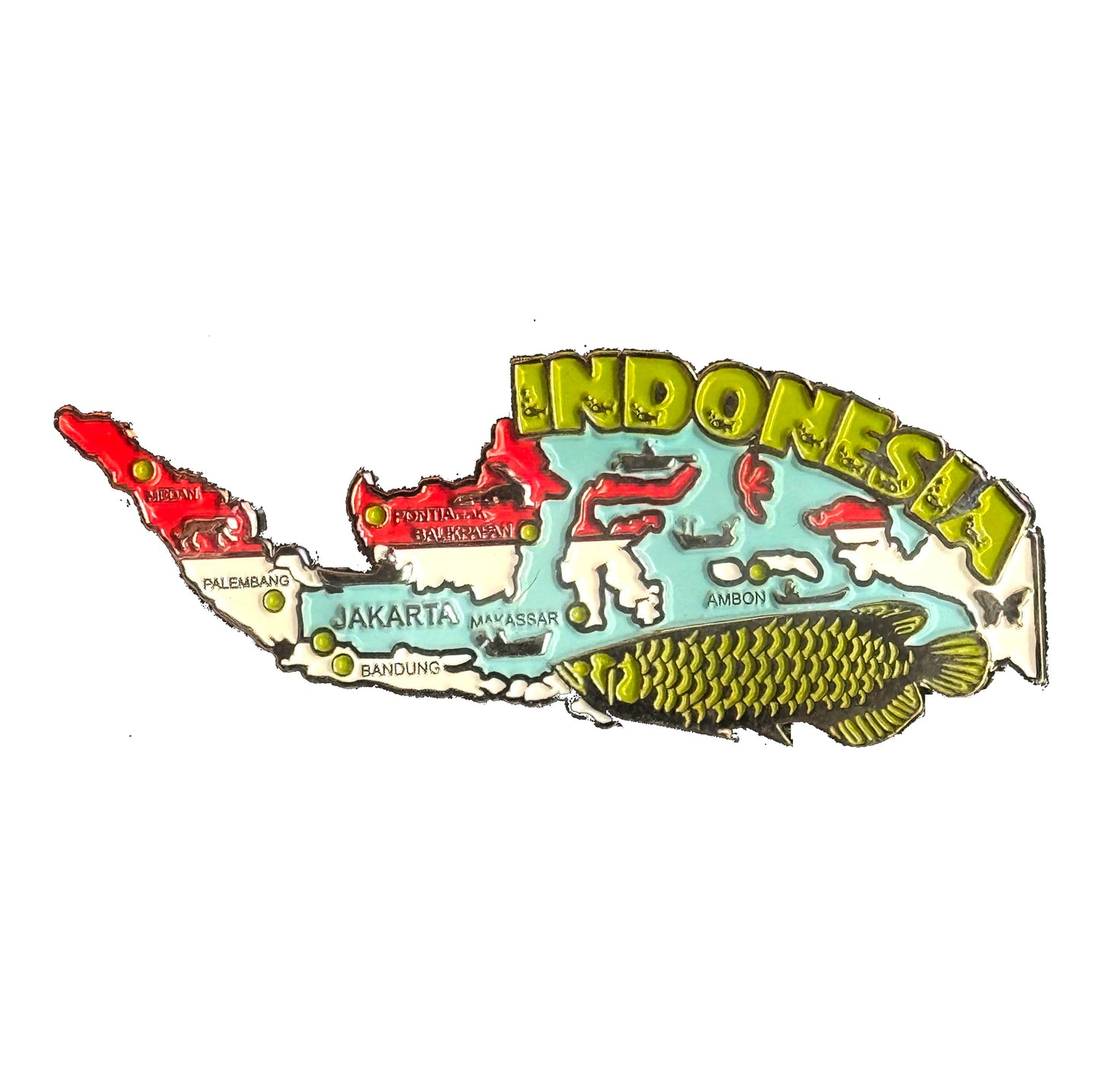 Imã Indonesia - Imã Geladeira Indonesia em Metal com Mapa, Bandeira, Cidades e Símbolos