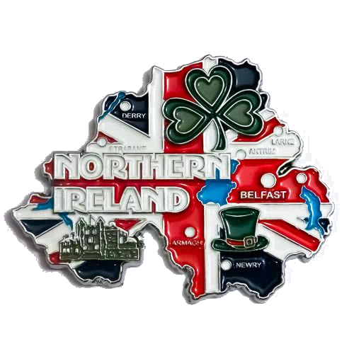Imã Irlanda do Norte - Imã Geladeira Irlanda do Norte em Metal com Mapa, Bandeira, Cidades e Símbolos