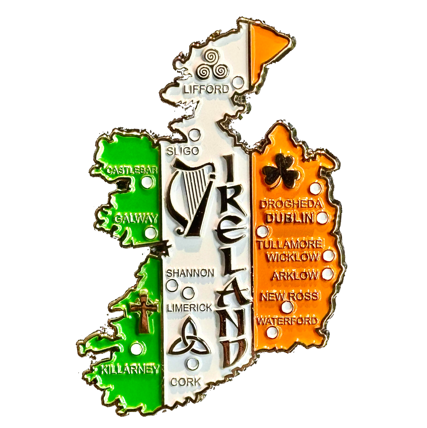 Imã Irlanda - Imã Geladeira Irlanda em Metal com Mapa, Bandeira, Cidades e Símbolos