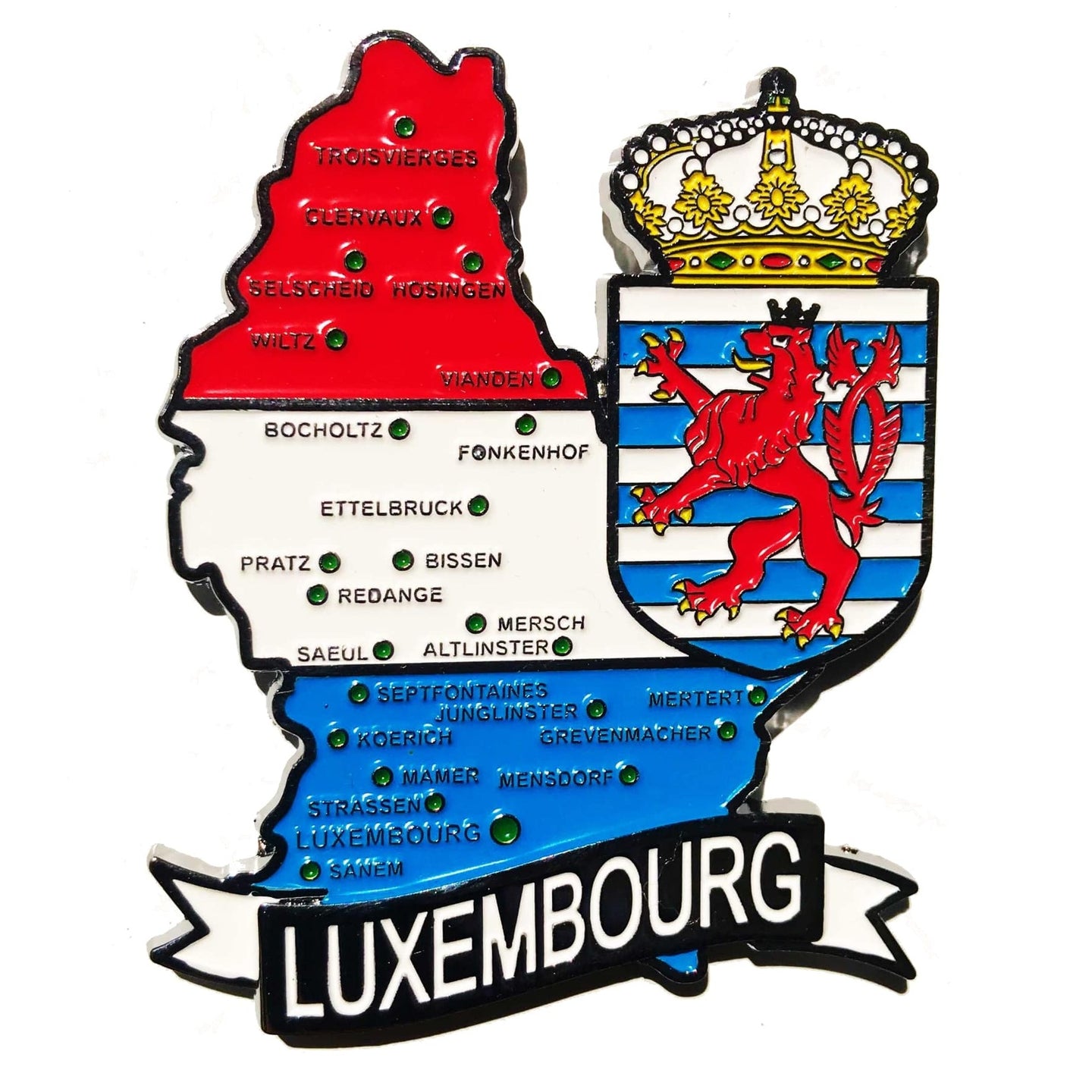 Imã Luxemburgo - Imã Geladeira Luxemburgo em Metal com Mapa, Bandeira, Cidades e Símbolos