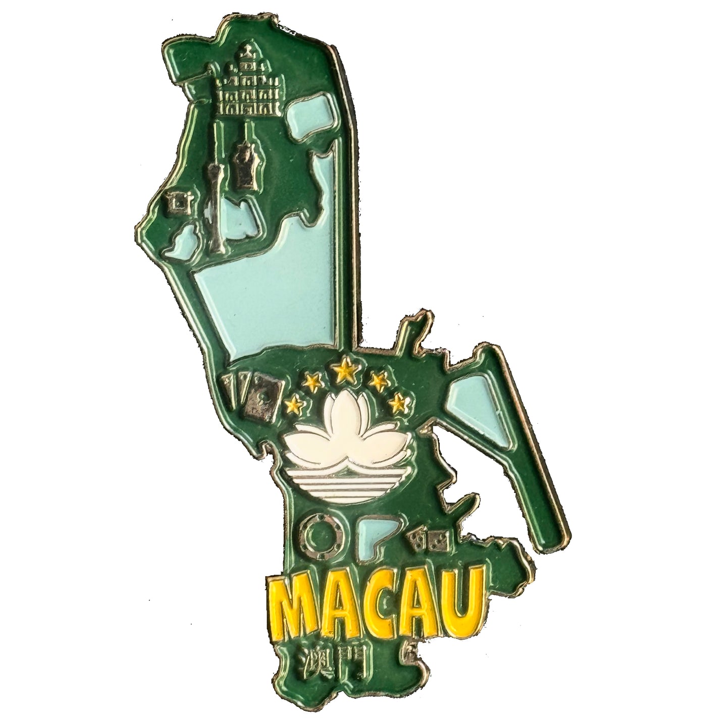 Imã Macau - Imã Geladeira Macau em Metal com Mapa, Bandeira, Capital e Símbolos