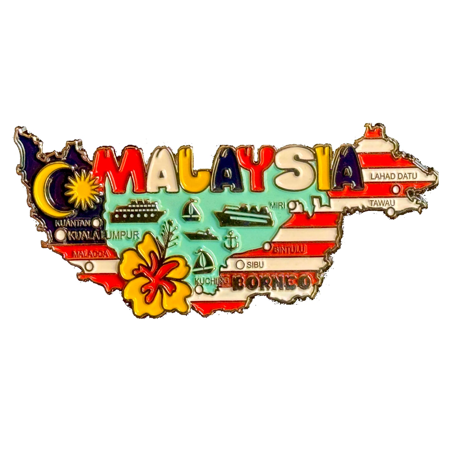 Imã Malásia - Imã Geladeira Malásia em Metal com Mapa, Bandeira, Cidades e Símbolos