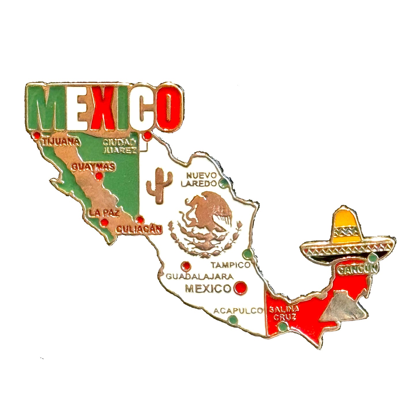 Imã México - Imã Geladeira México em Metal com Mapa, Bandeira, Cidades e Símbolos