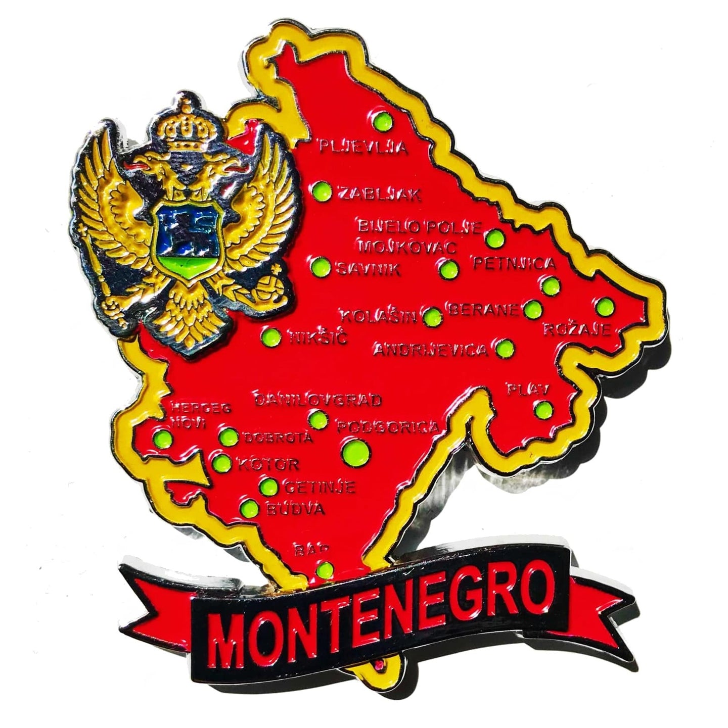 Imã Montenegro - Imã Geladeira Montenegro em Metal com Mapa, Bandeira, Cidades e Símbolos