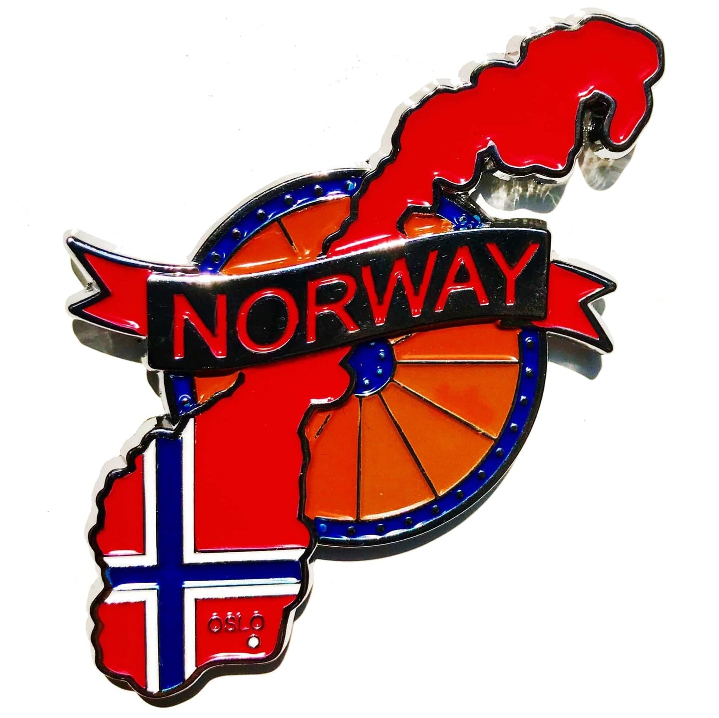Imã Noruega - Imã Geladeira Noruega em Metal com Mapa, Bandeira, Cidades e Símbolos