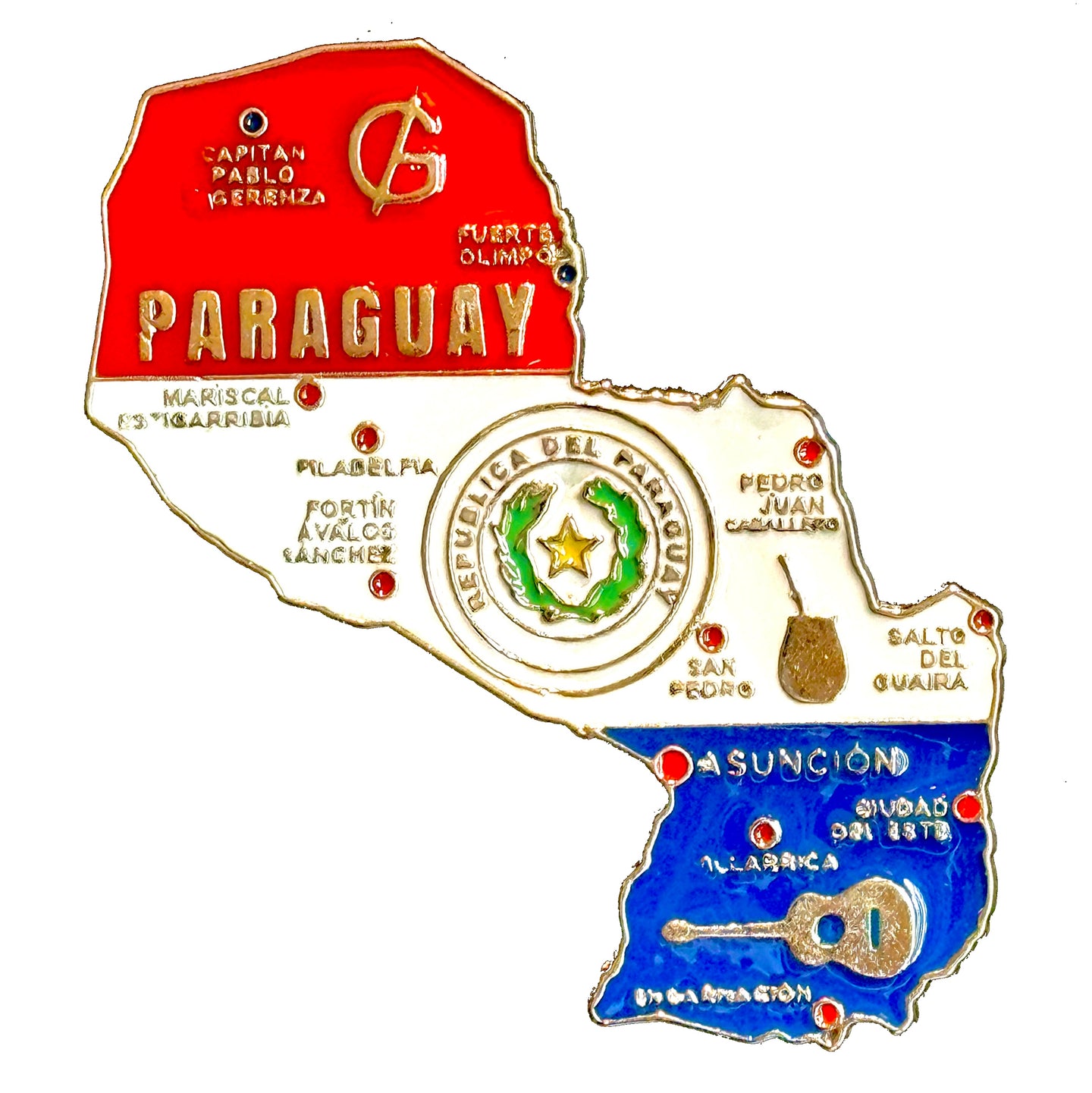 Imã Paraguai - Imã Geladeira Paraguai em Metal com Mapa, Bandeira, Cidades e Símbolos