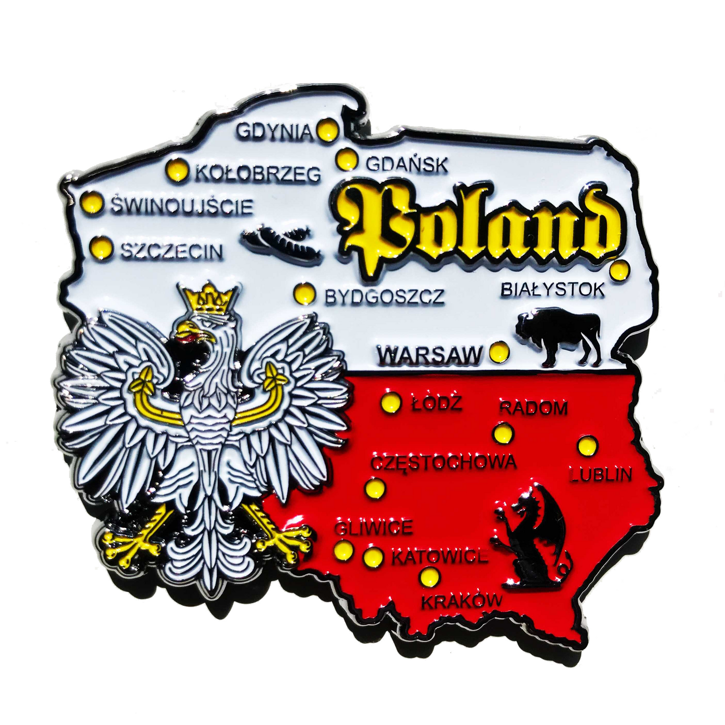 Imã Polônia- Imã Geladeira Polônia em Metal com Mapa, Bandeira, Cidades e Símbolos