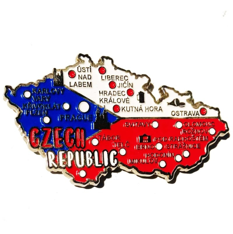 Imã República Tcheca - Imã Geladeira República Tcheca em Metal com Mapa, Bandeira, Cidades e Símbolos