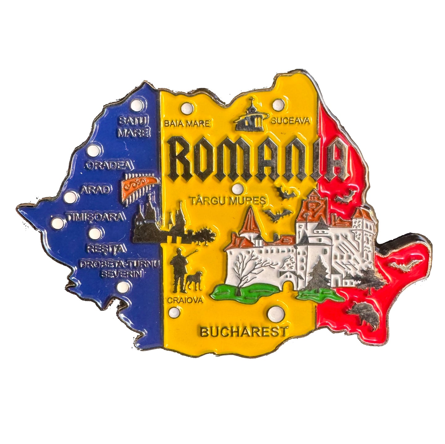 Imã Romênia - Imã Geladeira Romênia em Metal com Mapa, Bandeira, Cidades e Símbolos