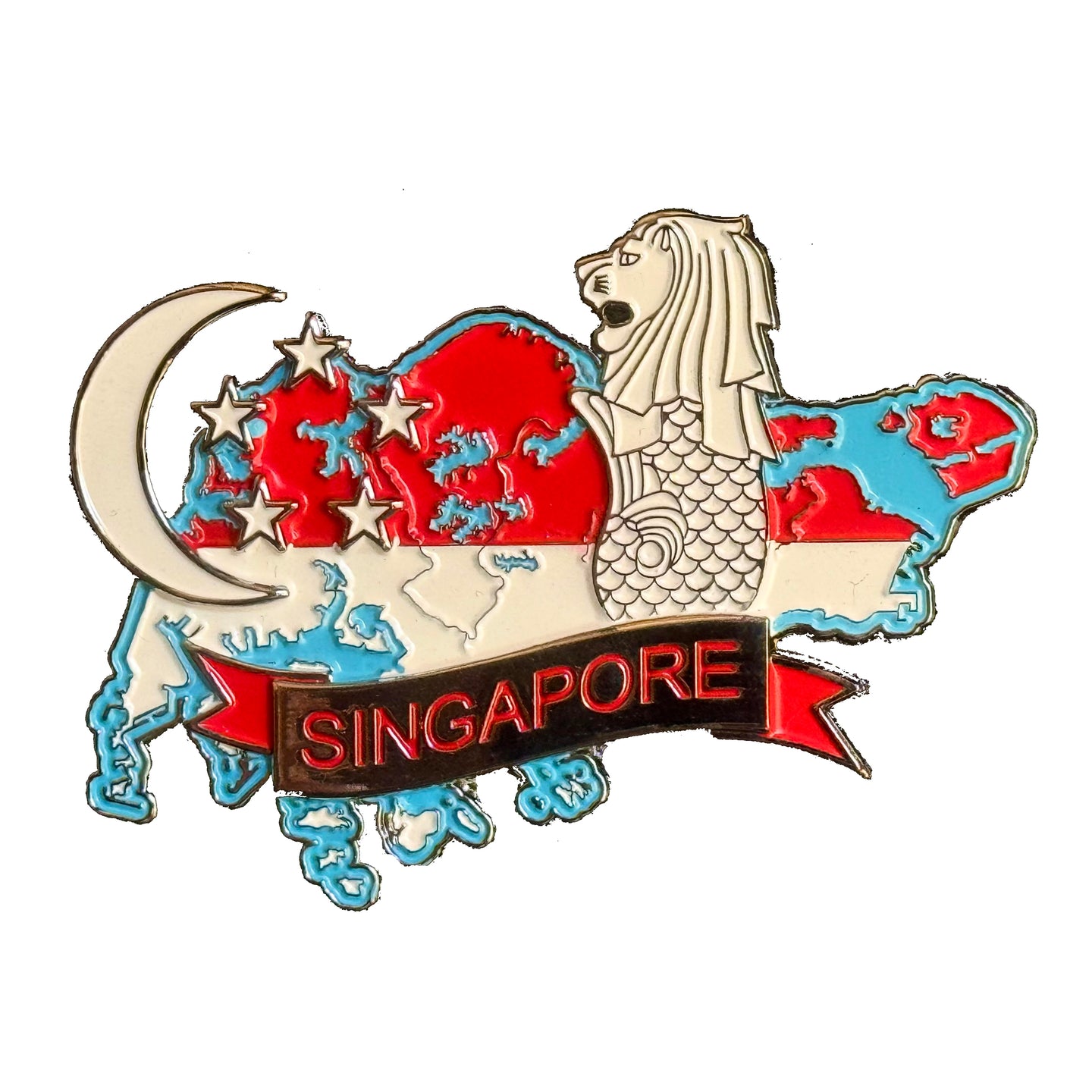 Imã Singapura - Imã Geladeira Singapura em Metal com Mapa, Bandeira e Símbolos