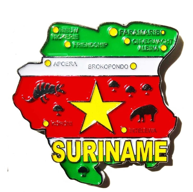 Imã Suriname - Imã Geladeira Suriname em Metal com Mapa, Bandeira, Cidades e Símbolos