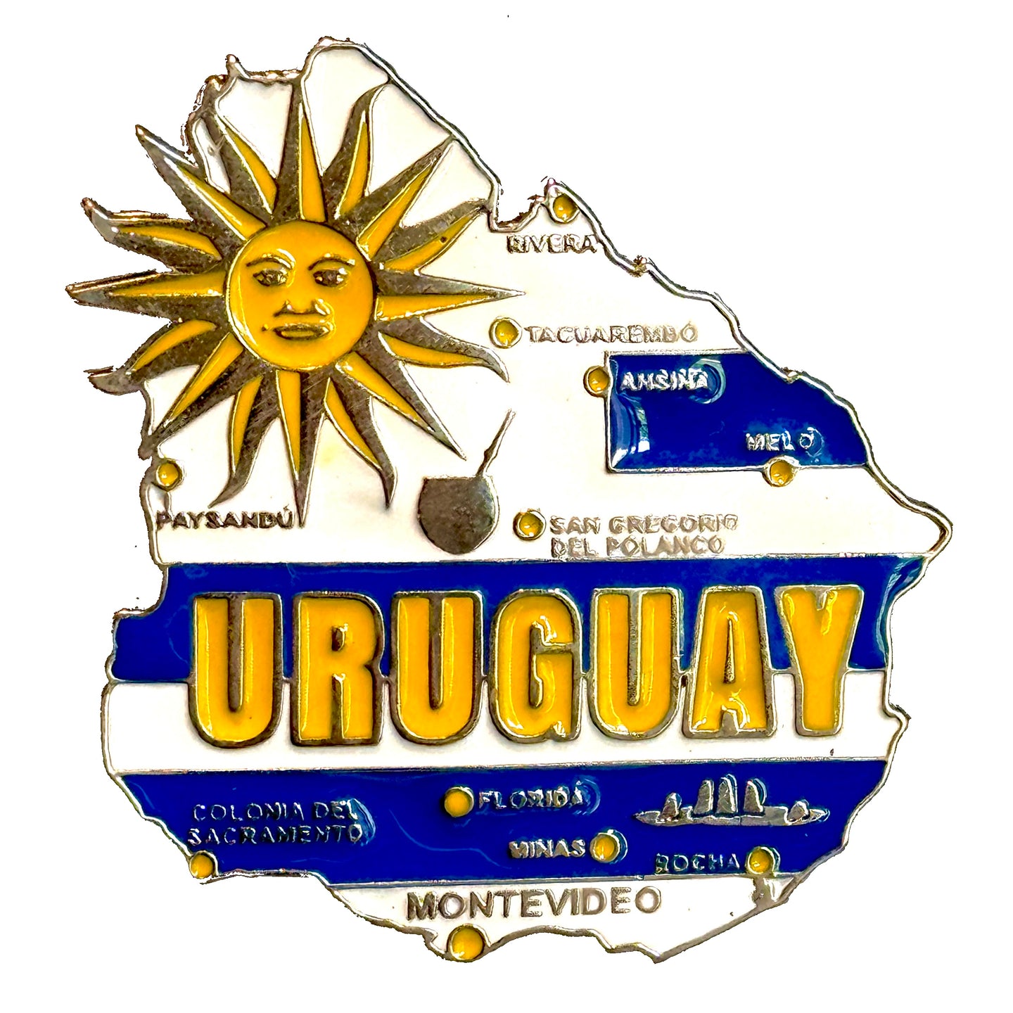 Imã Uruguai - Imã Geladeira Uruguai em Metal com Mapa, Bandeira, Cidades e Símbolos