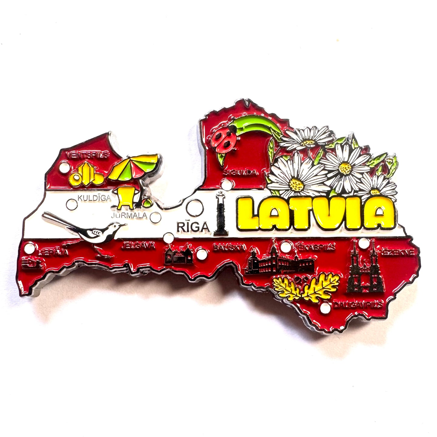 Imã Letônia - Imã Geladeira Letônia em Metal com Mapa, Bandeira, Cidades e Símbolos