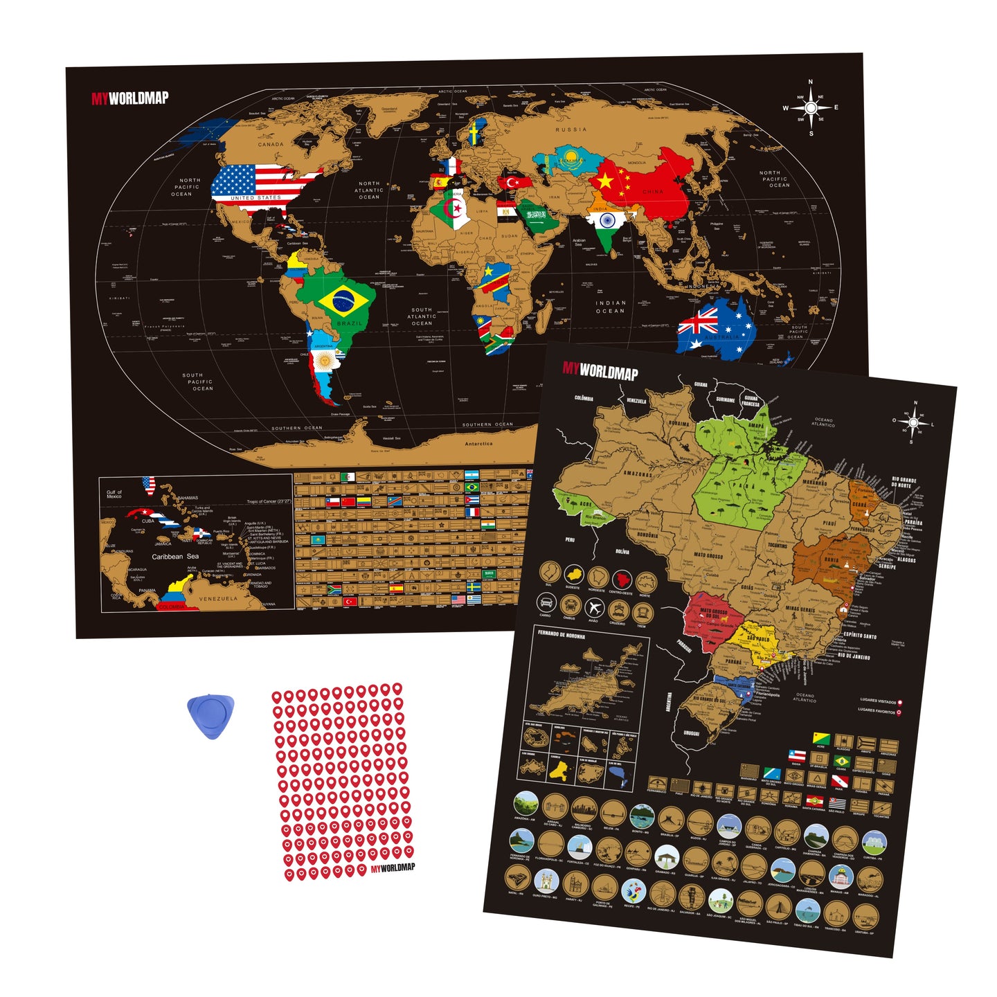 Combo Mapa Raspadinha Flags - Mapa Mundi Raspar + Mapa Brasil + Adesivo Pins - Dourado