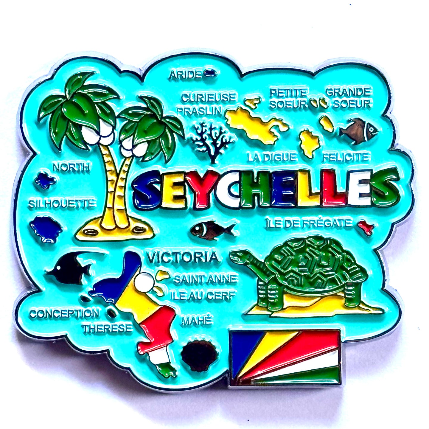 Imã Seychelles - Imã Geladeira Metal  Ilhas Seychelles com Mapa, Bandeira, Cidades e Símbolos