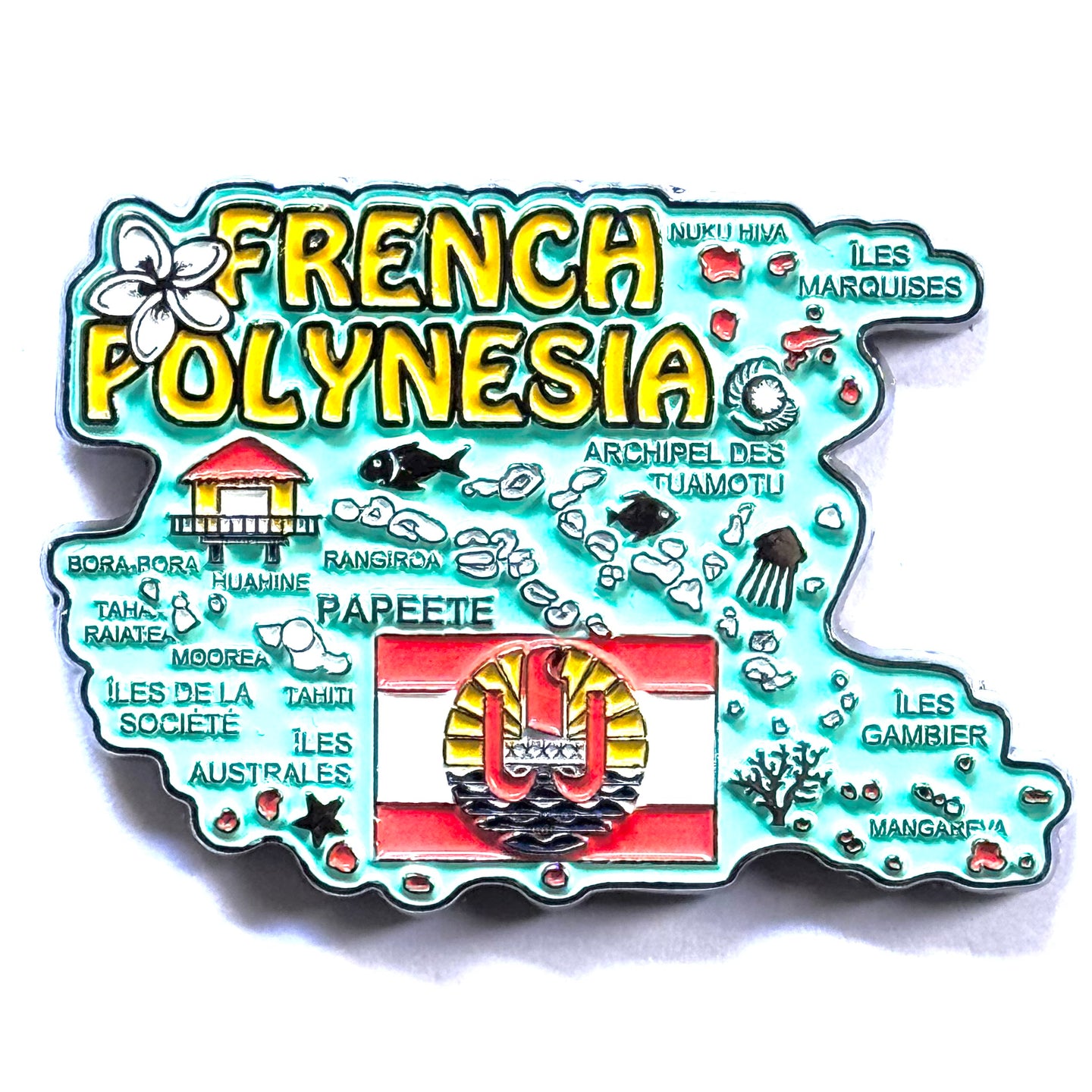 Imã Tahiti Polinésia Francesa - Imã Geladeira Tahiti em Metal com Mapa, Bandeira e Símbolos